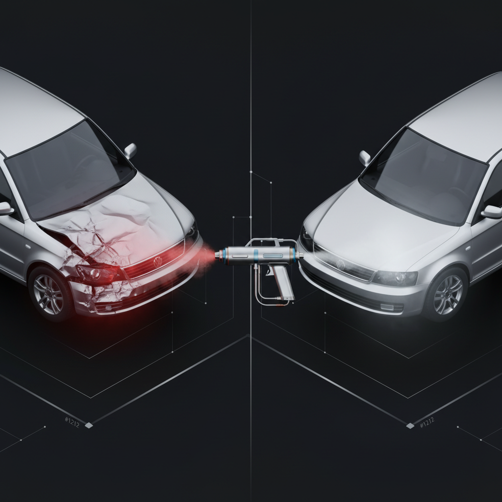 Professional body repair workshop showing precision panel work and paint refinishing