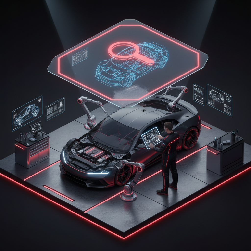 Mechanic assessing vehicle damage using a tablet with floating diagnostic data panel