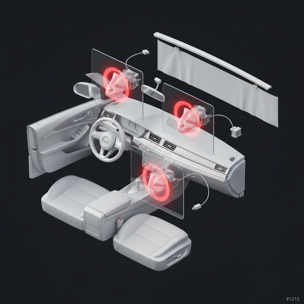 Exploded isometric view of car airbag and SRS safety system components