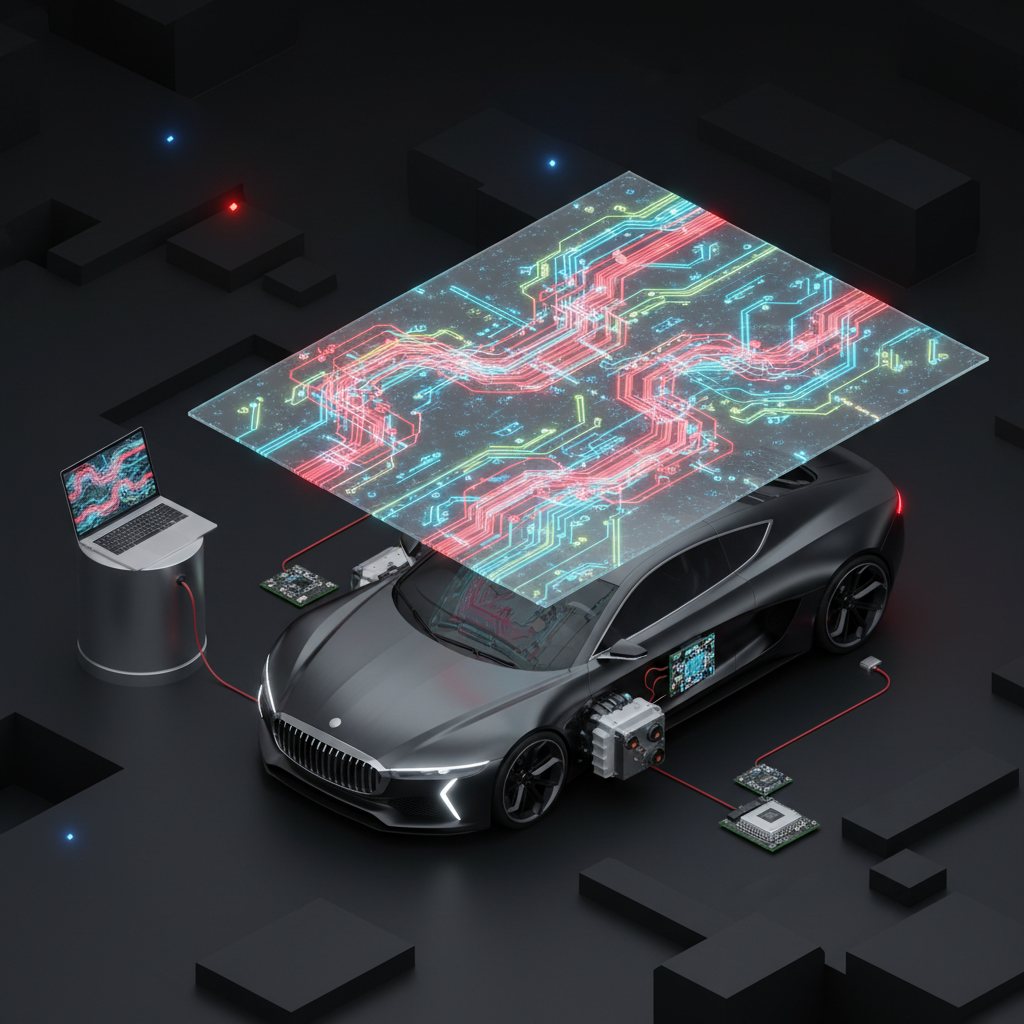 Isometric illustration of dealer-level module coding and ECU programming for luxury vehicles